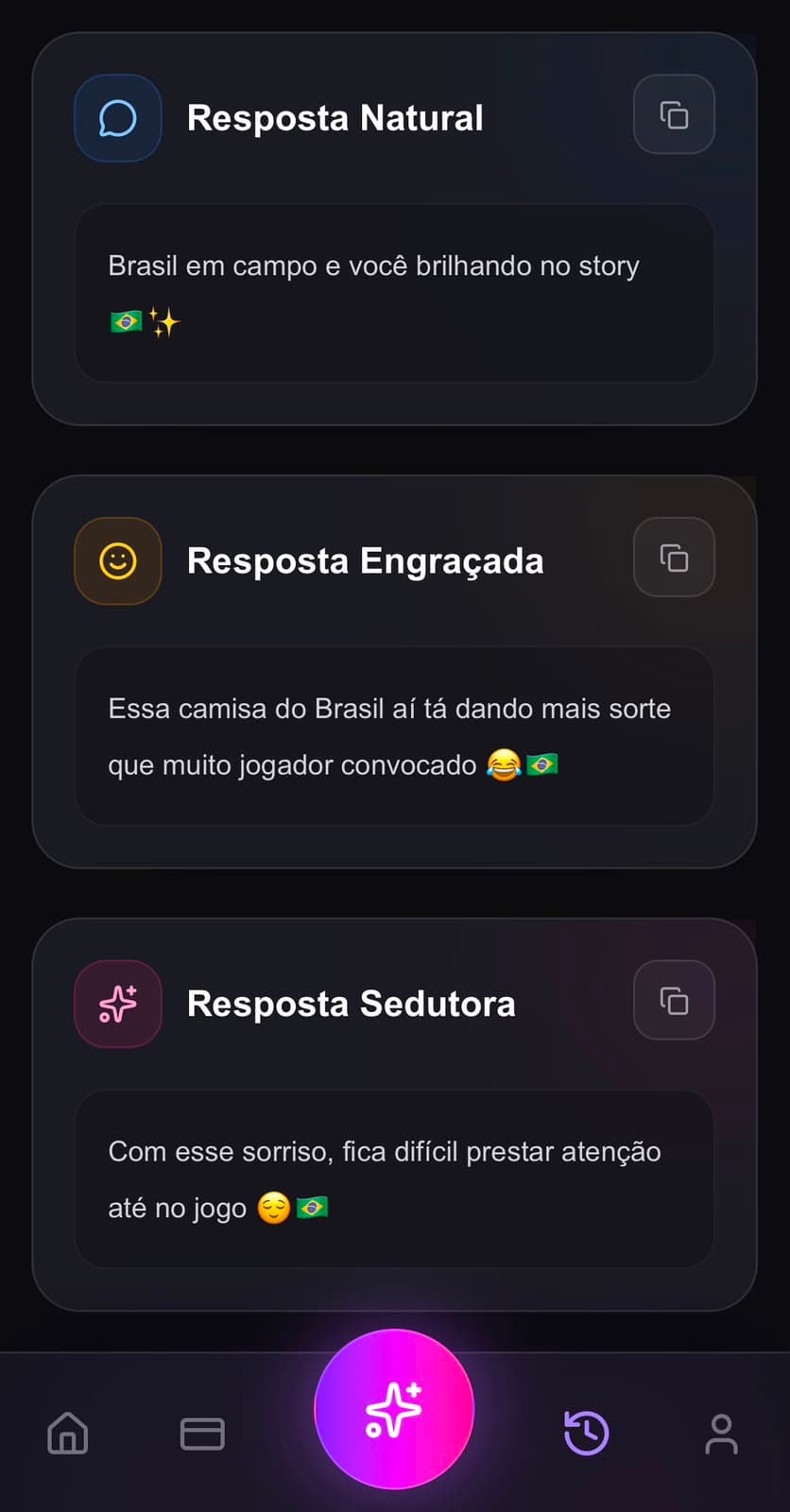 Tela do Rizz Master exibindo respostas natural, engraçada e sedutora geradas por inteligência artificial